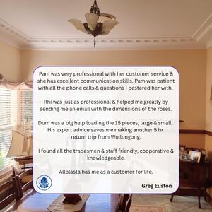 A lovely client testimonial from Greg in Dapto, NSW. We had the pleasure of supplying Greg’s classical home with Art Deco cornice and ceiling roses to restore living spaces. 

Products include: SR AR8, AR31, AR54, AR109, AR112

Our team takes pride in product quality and customer support from initial order to collection! 🌟🙌

#allplasta #testimonial #review #ceilingroses interiordesign
